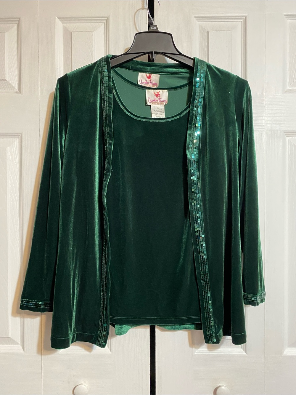 Quacker Factory velour Green Sequin Velvet tank top & cardigan jacket set SMALL